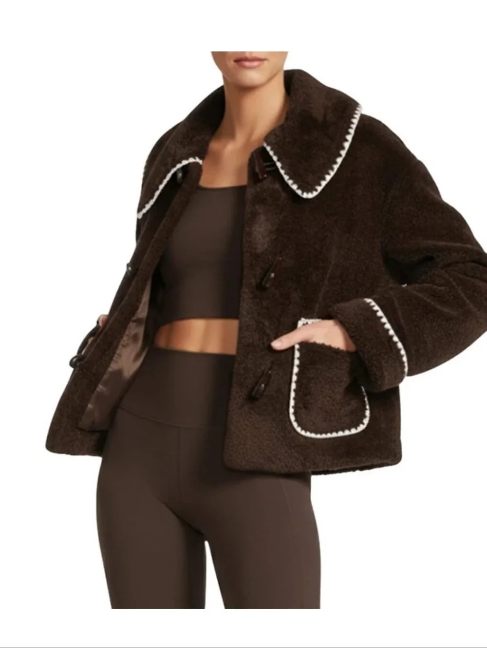 NWT Antonio Melani Contrast Stitching Shearling Teddy Jacket- Black